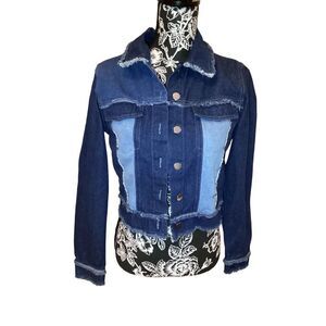 Shein Patchwork Style Denim Jean Jacket Colorblock Cowgirl Fringe Button Up